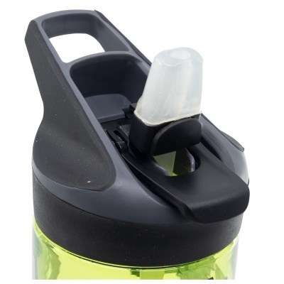 Garrafa desportiva verde com tampa preta e cinza e bocal plástico