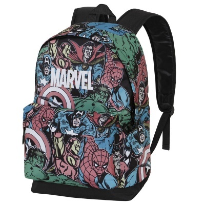 Mochila colorida com personagens Marvel e texto 'MARVEL' branco