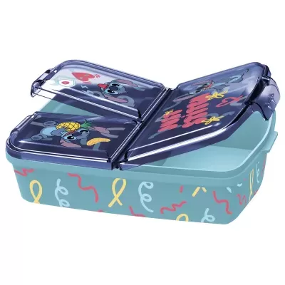 Marmita azul com tampa azul decorada com Stitch e texto vermelho