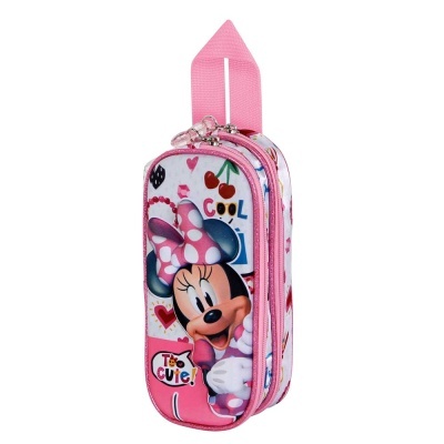 Estojo escolar rosa com personagens Minnie e palavras decorativas