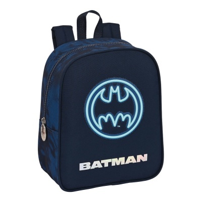 Mochila infantil azul escuro com logótipo do Batman e palavra BATMAN