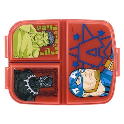 Marmita vermelha com desenhos dos super-heróis Hulk, Pantera Negra e Capitão América
