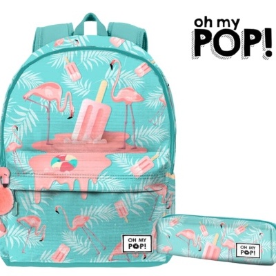 mochila azul claro com padrão de flamingos cor-de-rosa, picolés e folhas, e estojo combinado