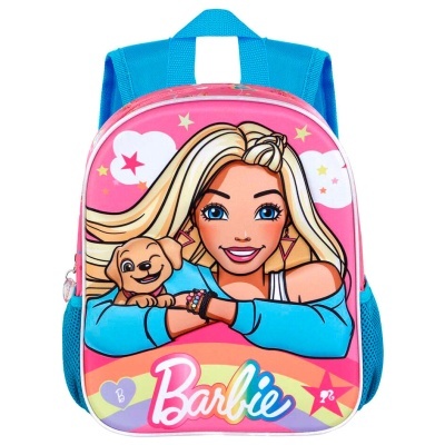 Mochila infantil azul e rosa com imagem da Barbie e seu cachorro