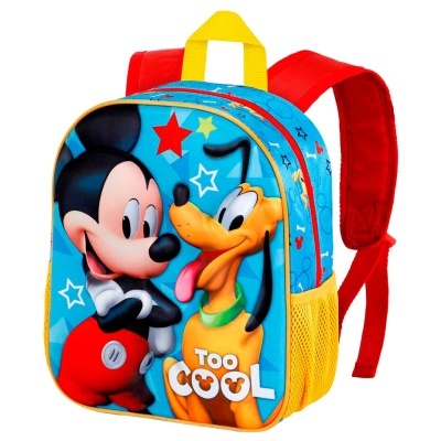 mochila infantil colorida com Mickey e Pluto e alças vermelhas