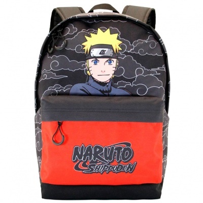 Mochila preta com bolso vermelho e imagem do personagem Naruto Shippuden