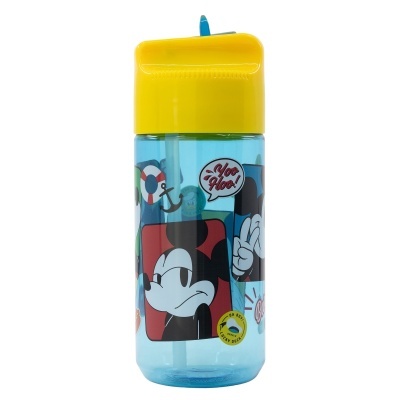 Garrafa de beber azul com tampa amarela e desenhos do Mickey Mouse