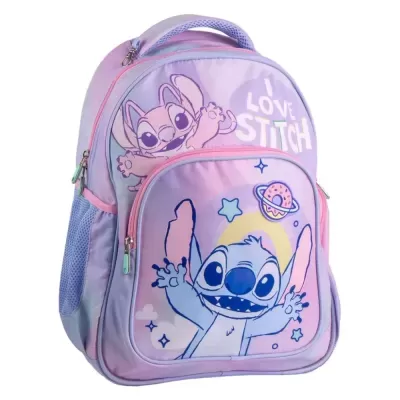 Mochila lilás e rosa com estampas dos personagens Stitch e Angel