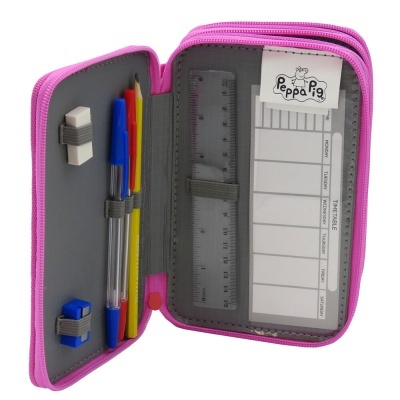 Estojo escolar rosa aberto com material escolar e horário Peppa Pig