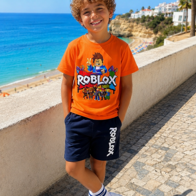 Rapaz com roupa Roblox junto ao mar num dia solarengo