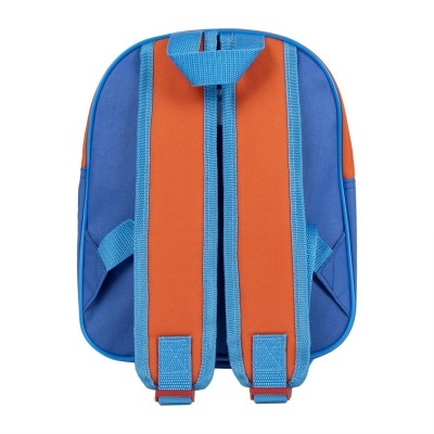Mochila pequena azul e laranja vista pela traseira com alças acolchoadas azuis