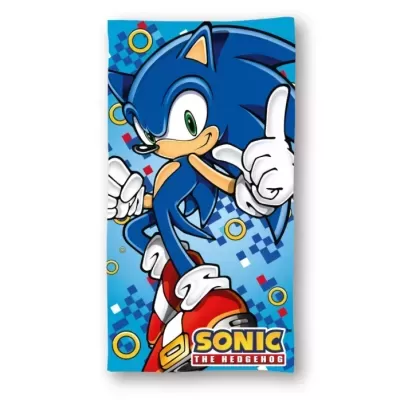 Toalha azul com personagem Sonic the Hedgehog em pose dinâmica