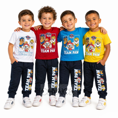 Crianças com roupas coloridas estampadas de personagens da série Team Paw.