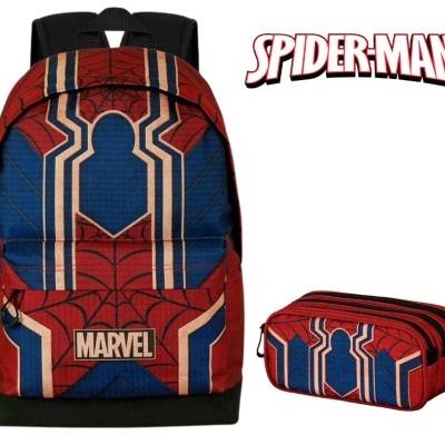 Mochila e estojo Spider-Man com padrão vermelho, azul e branco e texto Marvel