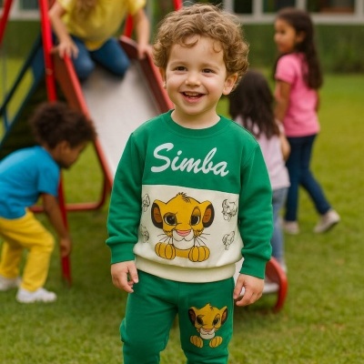Conjunto verde com estampa de Simba para criança em parque infantil