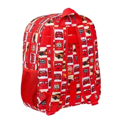 mochila vermelha infantil com padrão de quadrados e personagens de carros