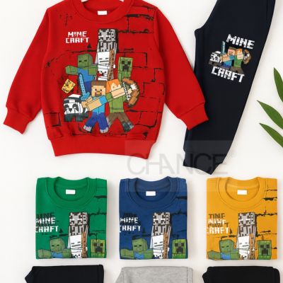 Conjunto de roupa infantil Minecraft em várias cores com camisola e calças.
