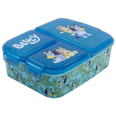 Marmita azul com personagens Bluey e Bingo e padrão de folhas verdes