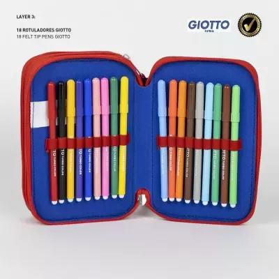 Estojo azul aberto com 18 canetas feltro coloridas GIOTTO