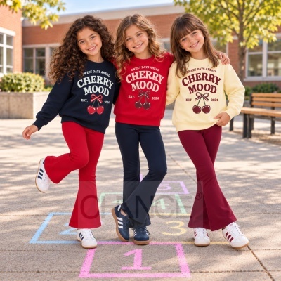 Três crianças com sweatshirts CHERRY MOOD coloridas e leggings posando ao ar livre.