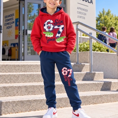 menino com roupa desportiva vermelha e azul em frente a escola