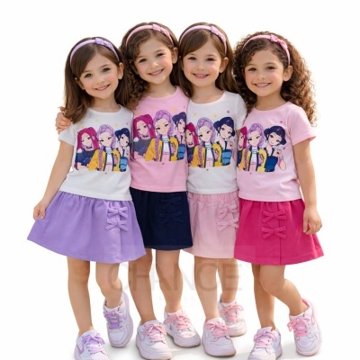 Quatro meninas vestem conjunto de saia e t-shirt com estampas de personagens animadas