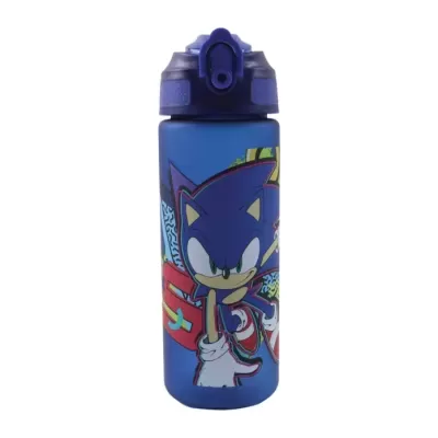 Garrafa desportiva azul com imagem do Sonic e tampa roxa