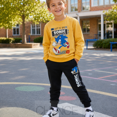 Menino com sweat amarelo e calças pretas com desenho do Sonic