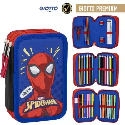 Estojo colorido GIOTTO PREMIUM com estampa do Spiderman e material escolar organizado