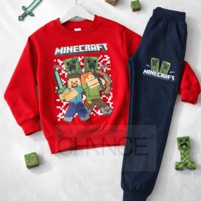 Conjunto de roupa Minecraft vermelho e azul para criança com personagens e texto