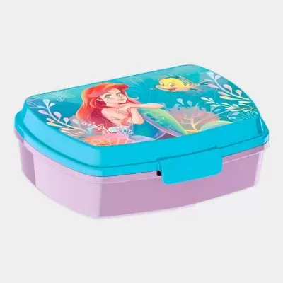 Caixa para lanche com tampa azul decorada com personagens animados e base lilás