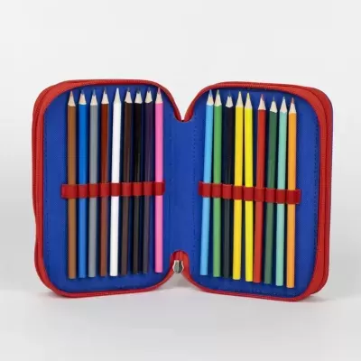 Estojo vermelho e azul com 18 lápis de cor organizados no interior