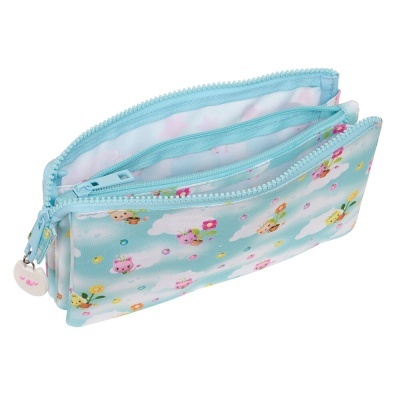 Estojo escolar azul claro com padrão colorido e fechos de correr