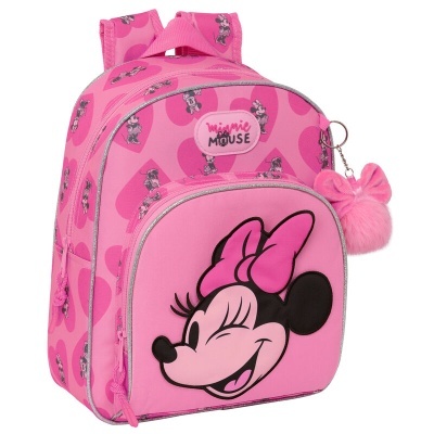 Mochila infantil rosa com padrão e imagem da Minnie Mouse