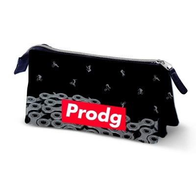 Estojo preto com padrão de rolamentos e etiqueta vermelha com texto branco