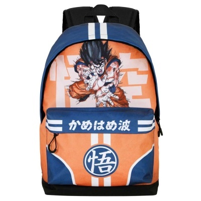 Mochila azul e laranja com personagem de anime e texto japonês