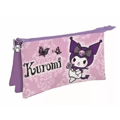 Estojo escolar rosa com personagem Kuromi e padrões em arabescos