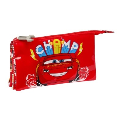 Estojo escolar vermelho com estampa do carro do filme 'Cars' e palavra 'CHAMP'
