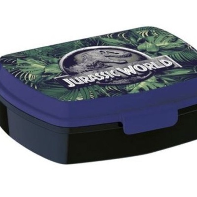 Estojo azul com tampa decorada com logo JURASSIC WORLD e folhas verdes