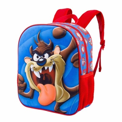 mochila azul e vermelha com estampa do personagem Taz