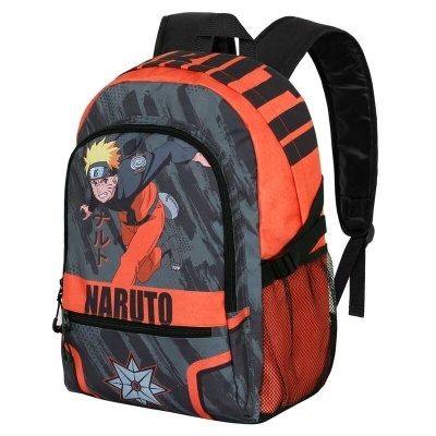 Mochila preta e laranja com imagem do personagem Naruto e texto NARUTO.