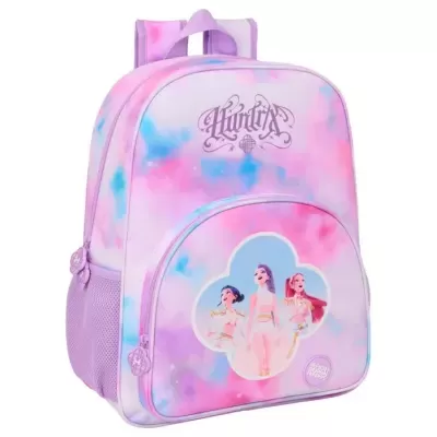 Mochila infantil rosa e lilás com personagens animadas e texto K-POP MY HERO THEME