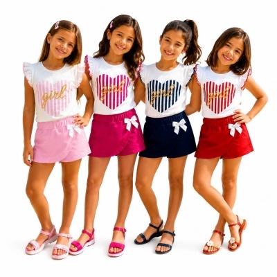 Quatro meninas vestem conjuntos de t-shirts brancas com corações e palavras girl e saias curtas coloridas, usando sandálias combinantes.