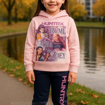 Criança com hoodie rosa estampado e calças azuis escuras HUNTRX num parque outonal.