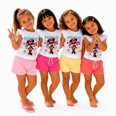 Crianças vestindo t-shirts com estampa da Minnie e calções coloridos