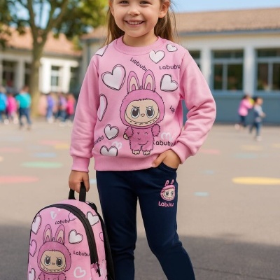 Menina sorridente com roupa rosa e azul e mochila rosa com desenho animado, em parque escolar.