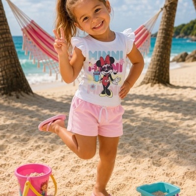 Menina na praia com roupa cor-de-rosa e branca e brinquedos de areia coloridos
