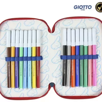 Estojo vermelho aberto com 12 marcadores coloridos da marca GIOTTO