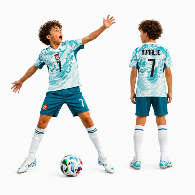 Criança com fato de futebol azul claro e azul escuro com nome Ronaldo e número 7 e bola de futebol.
