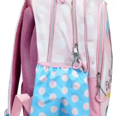 Mochila rosa com bolinhas brancas e bolsos azuis com bolinhas rosas